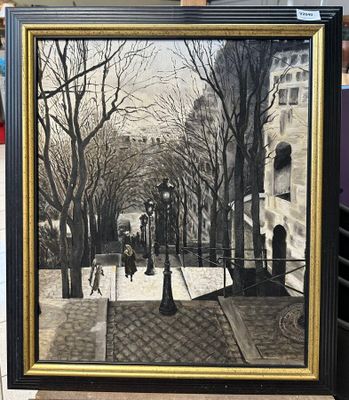 tableau représentant une scène de rue avec un couple marchant sur le trottoir