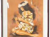 tableau représentant une femme assise par terre, avec une fleur dans les cheveux
