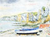 painting of a boat on the shore of a beach with cliffs in the background