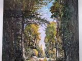 une peinture à l'huile représentant une scène forestière avec des moutons qui paissent au premier plan