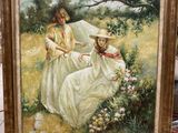 an oil painting of two women in a field with a parasol