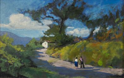 painting of two people walking down a dirt road with a house in the background