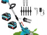 a corded grass trimmer with a battery and tools
