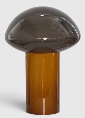 a brown mushroom shaped table lamp on a white background
