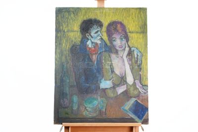 a painting of a man and a woman sitting at a table