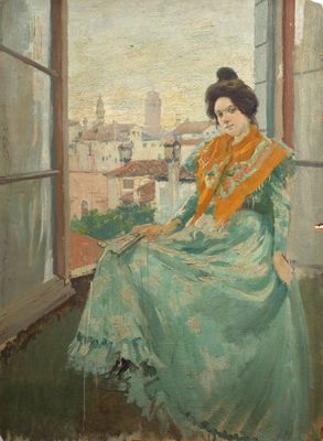 an image of a painting of a woman sitting on a window sill