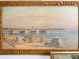 a painting on the wall of a beach with a boat in the water