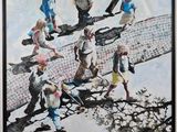 a painting of a group of people walking down the street