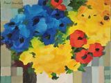 a painting of blue and yellow flowers in a vase