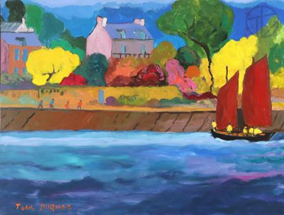 une peinture représentant un voilier rouge sur l'eau