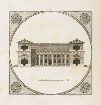 un vieux dessin représentant un bâtiment dont la façade présente un motif circulaire