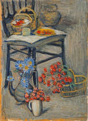 une image représentant un tableau d'une chaise sur laquelle est posé un panier de fleurs