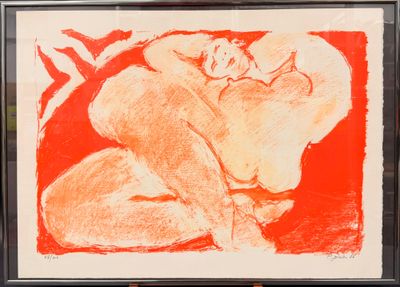 une image représentant le dessin d'une femme nue sur fond rouge