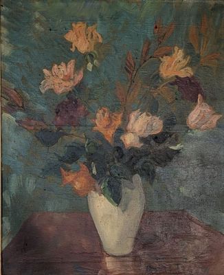 une peinture de fleurs dans un vase sur une table