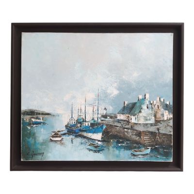 painting of a harbor scene with boats in the water and a castle in the background