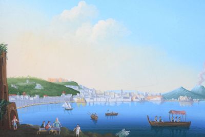 a painting of a view of a harbor with boats on the water