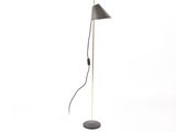 Le lampadaire est noir ; il est doté d'un pied en métal et d'un abat-jour noir.