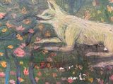a painting of a dog that is laying down in the grass