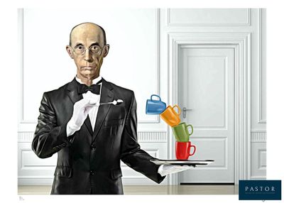 a man in a tuxedo holding a tray with cups and saucers on it
