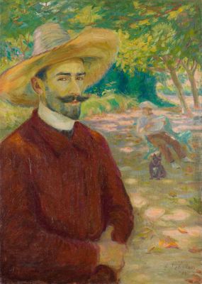 an image of a painting of a man in a straw hat