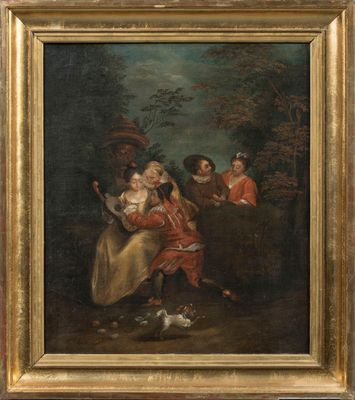une peinture représentant un groupe de personnes dans un cadre boisé