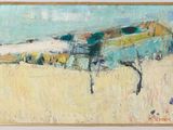 une peinture à l'huile représentant un cheval dans un champ, avec le ciel en arrière-plan