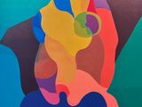 peinture abstraite représentant le visage d'une femme, avec de multiples formes colorées
