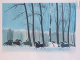 painting of a group of horses running through a forest in the snow