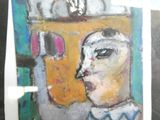 a picture of a painting of a man with a clock on his head