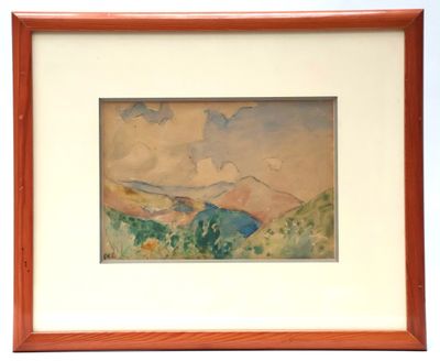 an image of a painting of a mountain range in a wooden frame