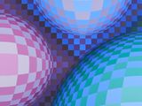 three different colored spheres are arranged on a checkered surface