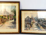 pair of watercolor paintings of a village street and a church