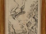 an image of a drawing of a man on a horse and a dog