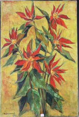 tableau représentant des fleurs rouges dans un vase sur fond jaune