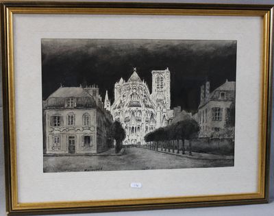 framed drawing of a cathedral in a city with trees in the foreground