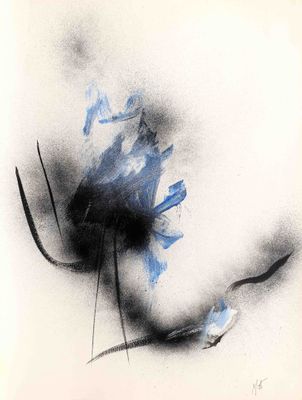 peinture représentant une fleur bleue sur fond blanc, avec des lignes noires et blanches