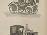 deux illustrations représentant des voitures anciennes avec des personnes à l'intérieur, dont l'une est tirée par un cheval et une calèche