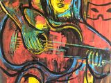 painting of a woman playing a guitar in a room