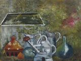 a painting of a bunch of vases on a table