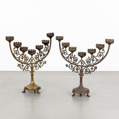 pair of antique brass candelabs with ornate design