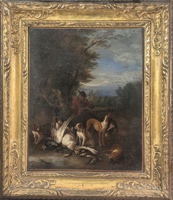an image of a painting of a man on a horse with a bunch of dogs