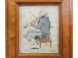 an old painting of a man sitting on a chair playing a violin