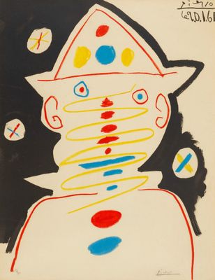 an image of a painting of a clown with a hat on