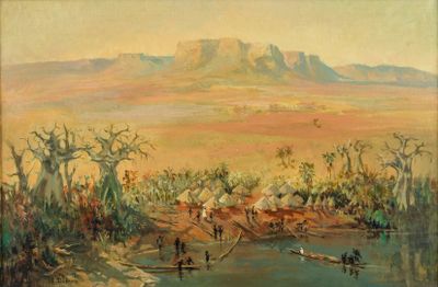 an image of a painting of a desert scene with a mountain in the background