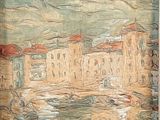 an image of a painting of a river with buildings in the background