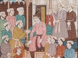 a picture of a painting of a group of people in a courtyard