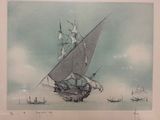 dessin représentant un voilier sur un plan d'eau, avec d'autres bateaux en arrière-plan
