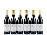six bottles of red wine lined up in a row