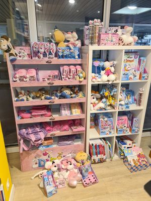 beaucoup de peluches sur les étagères du magasin