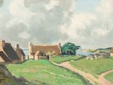 un tableau représentant un village avec un chemin de terre au premier plan